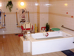 介護用の手すりや椅子のある浴室
